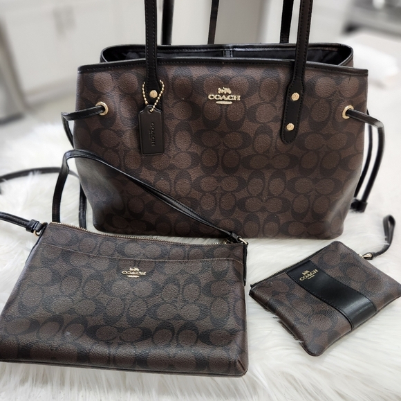 ✨️🤎 Coach signature coated canvas brown/blk 3 piece bundle 2 bag and wristlet - Picture 1 of 12